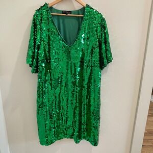 Eloquii Womens Plus Size 20 Emerald Green Sequin V-Neck Short Sleeve Shift Dress